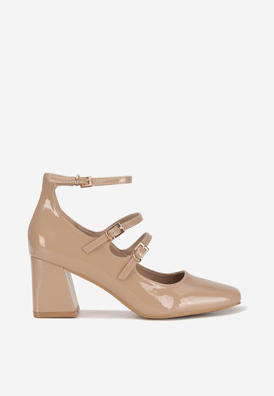 Pantofi cu toc gros lacuiti Renelia bej