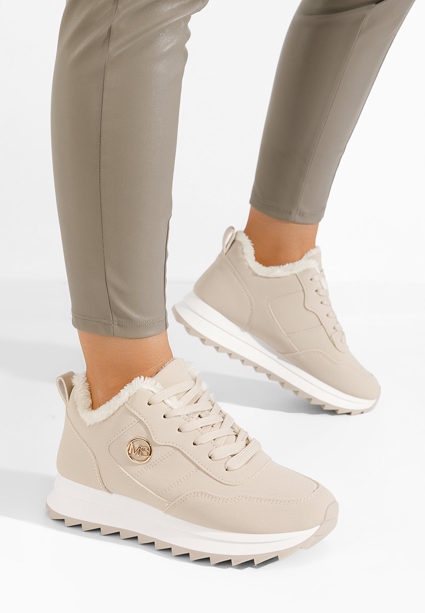 Μπεζ sneakers γυναικεία με γούνα Lavega