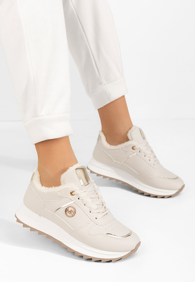 Μπεζ sneakers γυναικεία με γούνα Carris