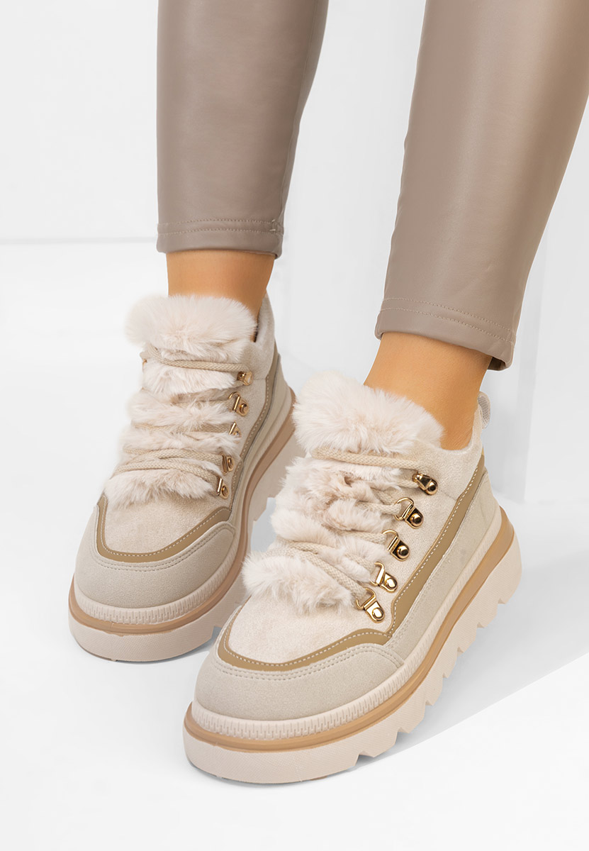 Μπεζ sneakers γυναικεία με γούνα Clavira