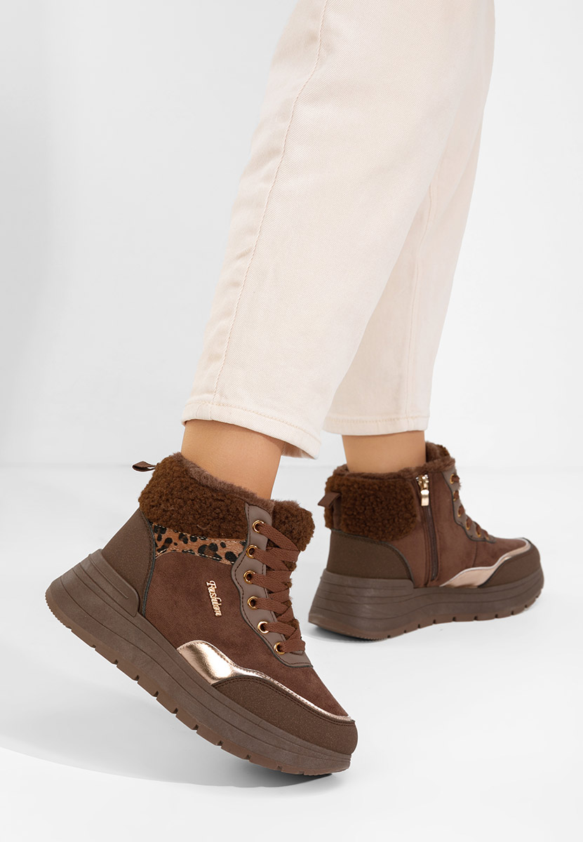 Καφέ sneakers γυναικεία με γούνα Lisaia
