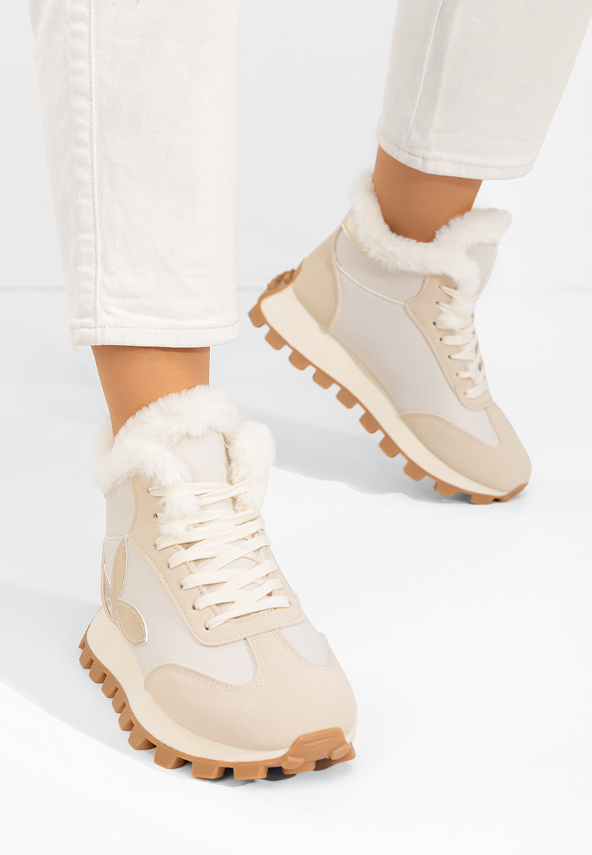 Μπεζ sneakers γυναικεία με γούνα Ozia