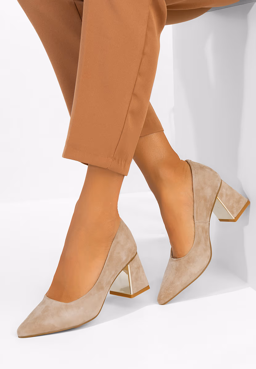 Pantofi cu toc gros piele Maevia nude